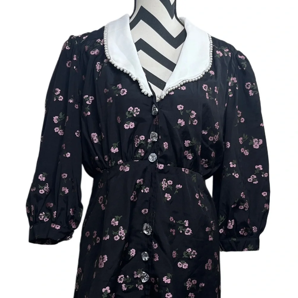 Sister Jane Puff Sleeve Collard Ink Dark Floral Sz L Goth Whimsigoth Dress - Picture 4 of 16